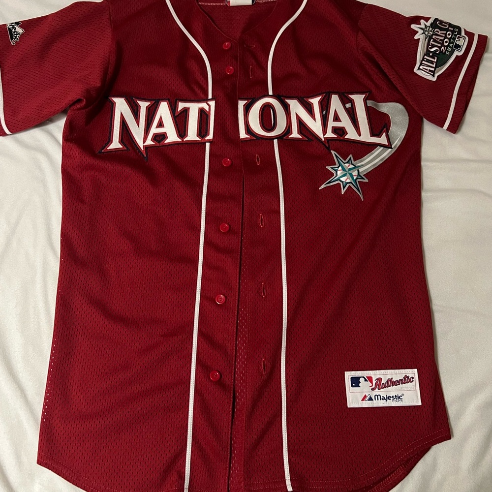 Majestic Red "NATIONAL" Baseball Jersey with White Piping